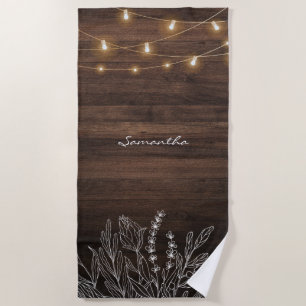 Rustic String Lights Wood Pattern Beach Towel