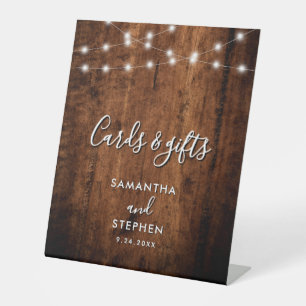 Rustic String Lights & Wood Wedding Cards & Gifts Pedestal Sign