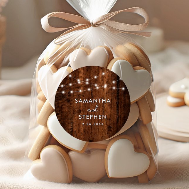 Rustic String Lights & Wood Wedding Classic Round Sticker (Creator Uploaded)