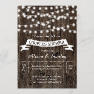 Rustic string lights wood wedding couples shower invitation
