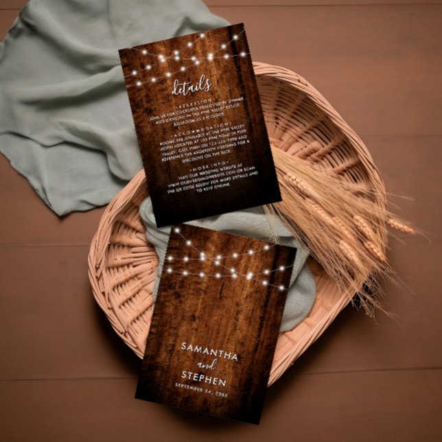 Rustic String Lights & Wood Wedding Details Enclosure Card (Creator Uploaded)