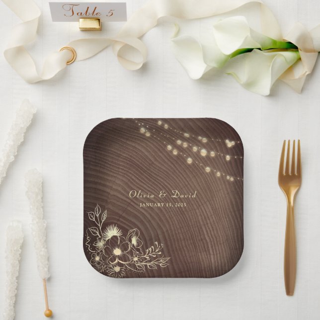 Rustic String Lights Wood Wedding Paper Plate (Wedding)
