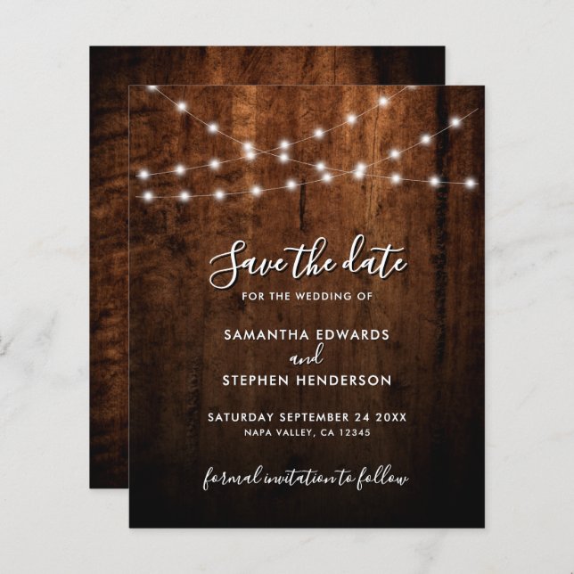 Rustic String Lights & Wood Wedding Save The Date (Front/Back)