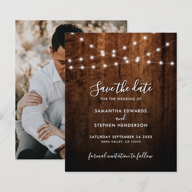Rustic String Lights & Wood Wedding Save The Date (Front/Back)