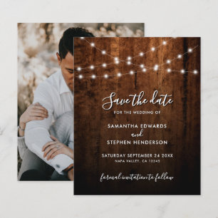 Rustic String Lights & Wood Wedding Save The Date