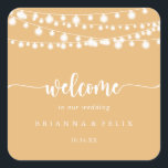 Rustic String Lights Yellow Wedding Welcome   Square Sticker<br><div class="desc">This rustic string lights yellow wedding welcome square sticker is perfect for a classic wedding. The design features beautiful hand-painted string lights in a yellow background.

These labels are perfect for hotel guest welcome bags and destination weddings.</div>