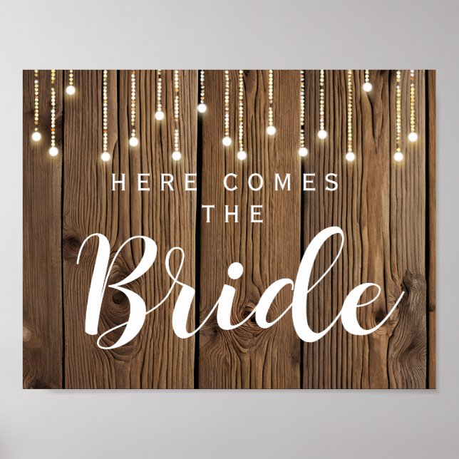 Rustic String of lights here comes the bride Poster (Front)