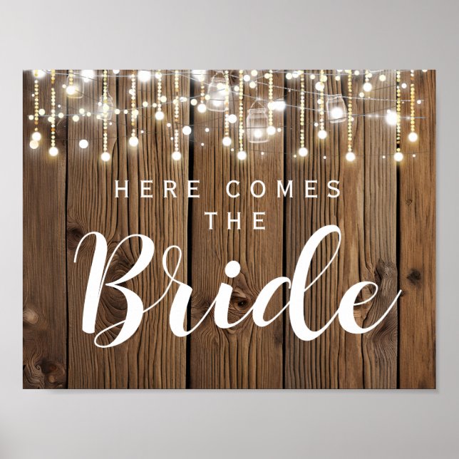 Rustic String of lights here comes the bride Poster (Front)