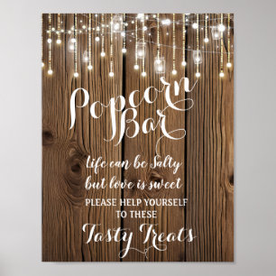Rustic String of lights Popcorn Bar wedding sign