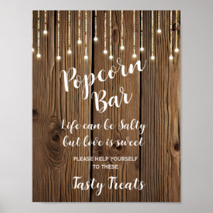Rustic String of lights Popcorn Bar wedding sign