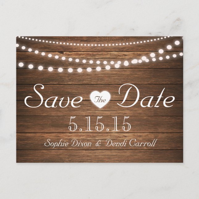 Rustic String of Lights Save the Date Postcard (Front)