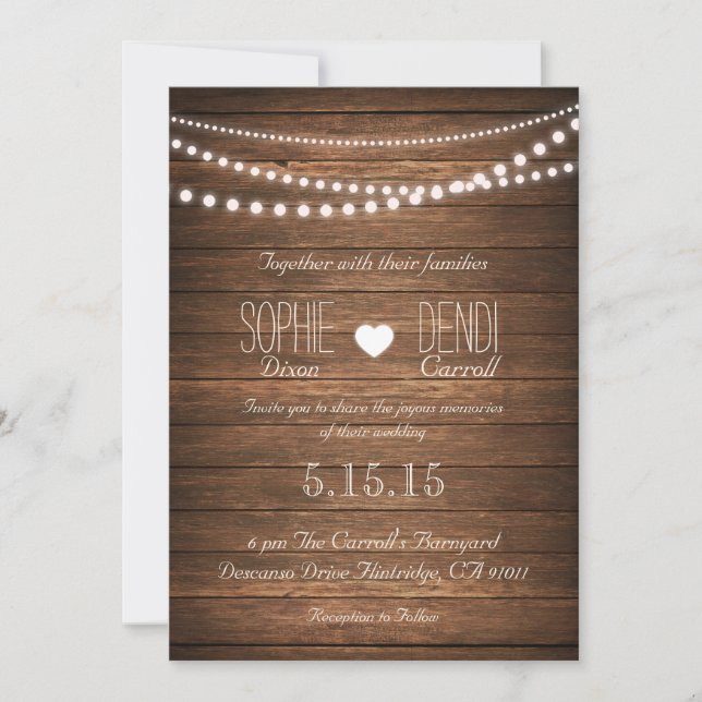 Rustic String of Lights Wedding Invite (Off White) (Front)