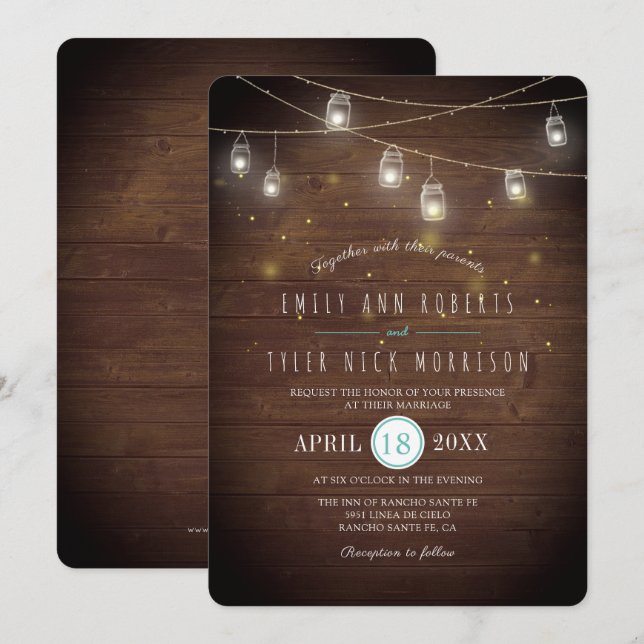 Rustic Strings of Mason Jars Fireflies Wedding Invitation (Front/Back)