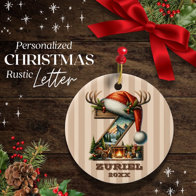 Rustic Striped Letter Z Custom Name Christmas  Ceramic Ornament (Creator Uploaded)
