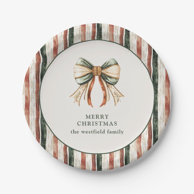 Rustic Stripes Personalized Merry  Christmas Paper Plate (Front)