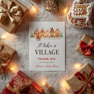 Rustic Stroller Village Houses Winter Baby Shower Thank You Card