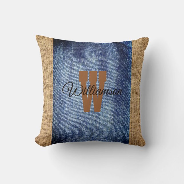 Rustic Style Blue Denim and Burlap Effect Throw Pillow (Front)