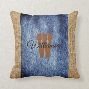 Rustic Style Blue Denim and Burlap Effect Throw Pillow