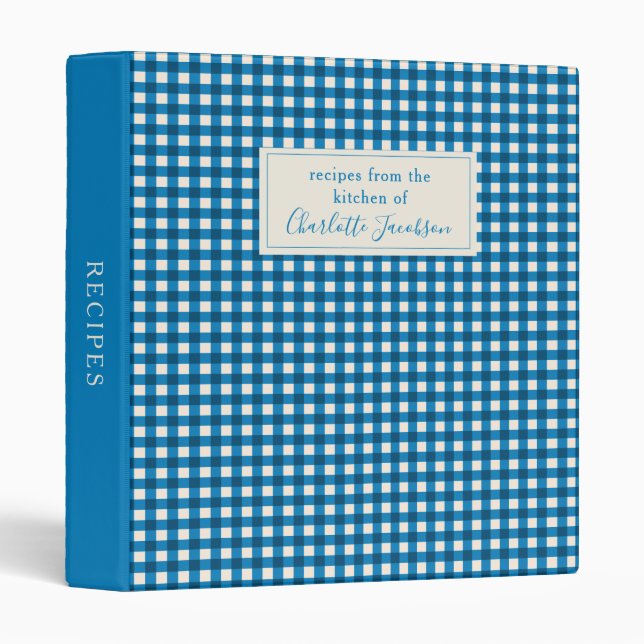 Rustic Stylish Blue Gingham Plaid Monogram Recipe  Binder (Front/Spine)
