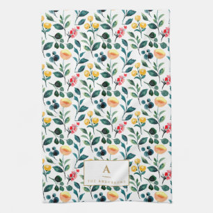 Rustic Stylish Yellow Watercolor Flowers Monogram Kitchen Towel