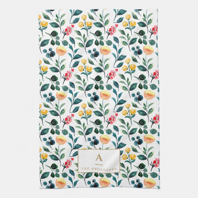 Rustic Stylish Yellow Watercolor Flowers Monogram Kitchen Towel (Vertical)