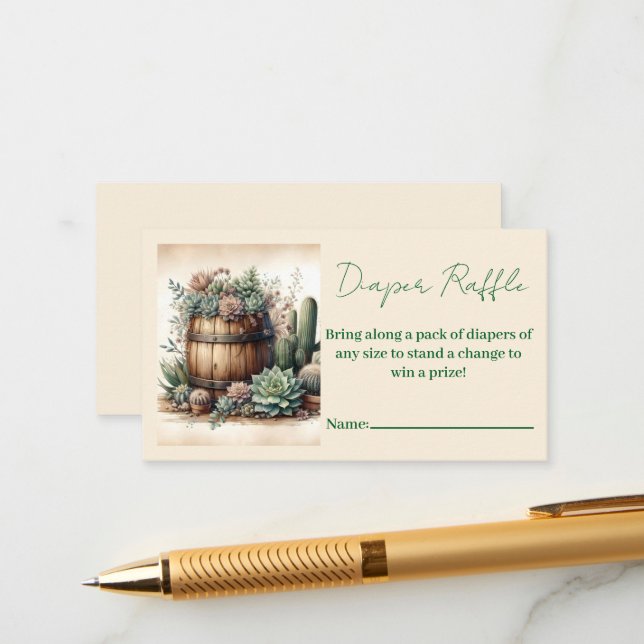 Rustic Succulent & Cacti Diaper Raffle Enclosure Card (Front/Back In Situ)