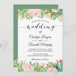 Rustic Succulent Cactus Blush Green Floral Wedding Invitation