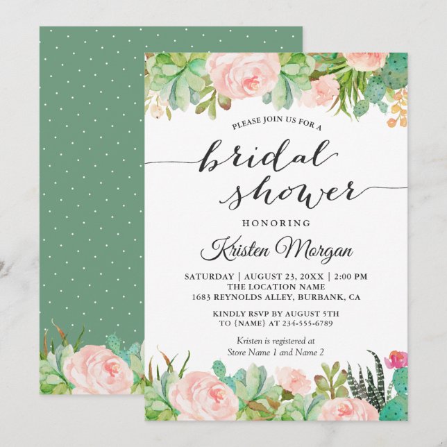 Rustic Succulent Cactus Floral Bridal Shower Invitation (Front/Back)