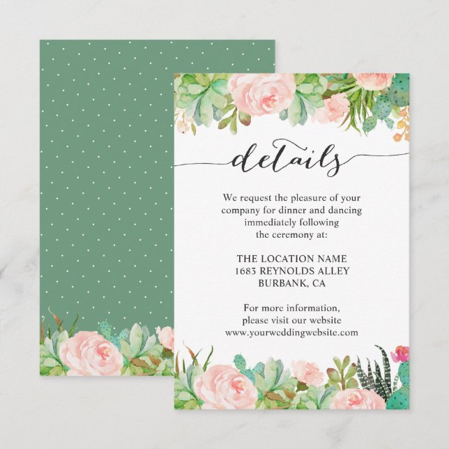 Rustic Succulent Cactus Wedding Reception Details Invitation (Front/Back)