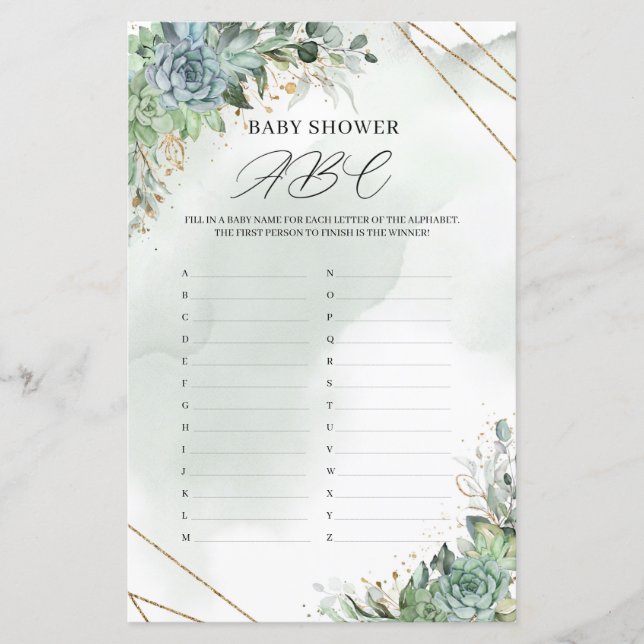 Rustic succulents greenery gold Baby Shower ABC (Front)