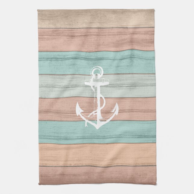 Rustic Summer Beach Wood Nautical Stripes & Anchor Kitchen Towel (Vertical)