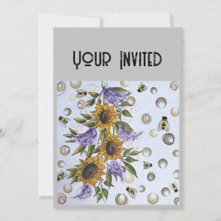 Rustic Summer Elegance: Sunflowers, Lilacs, Bee Invitation