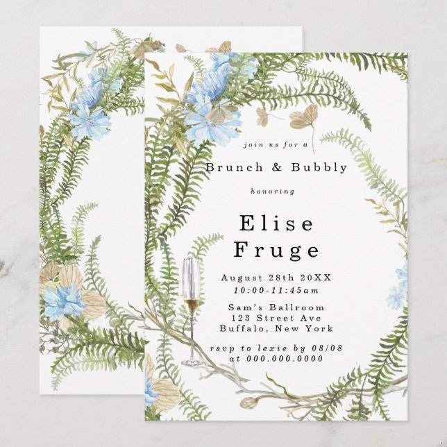 Rustic Summer Fern Wreath Brunch & Bubbly Invitati Invitation (Front/Back)