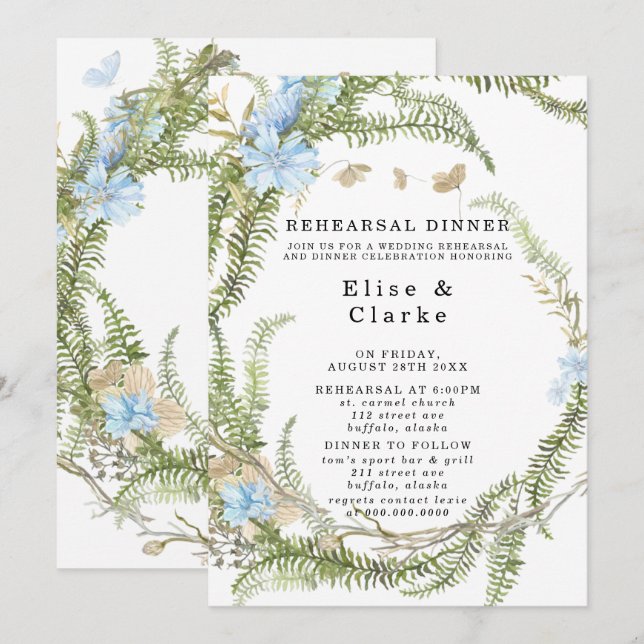 Rustic Summer Fern Wreath Rehearsal Dinner Invitat Invitation (Front/Back)