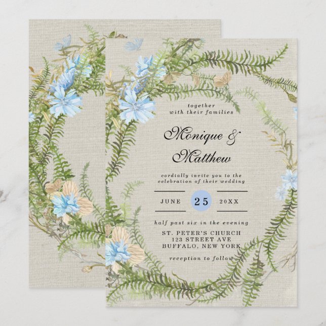 Rustic Summer Fern Wreath Wedding Invitation (Front/Back)