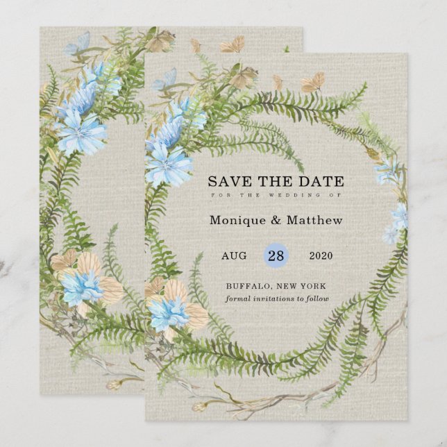 Rustic Summer Fern Wreath Wedding Save The Date Invitation (Front/Back)