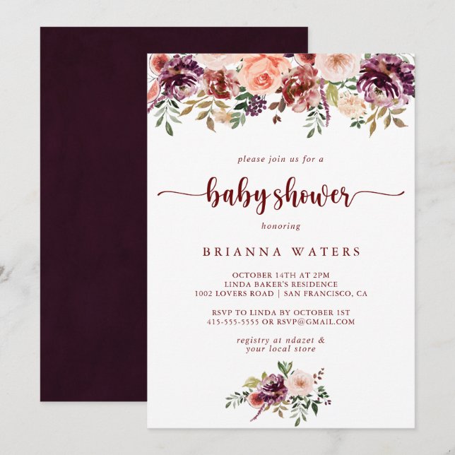 Rustic Summer Floral Calligraphy Baby Shower  Invitation (Front/Back)