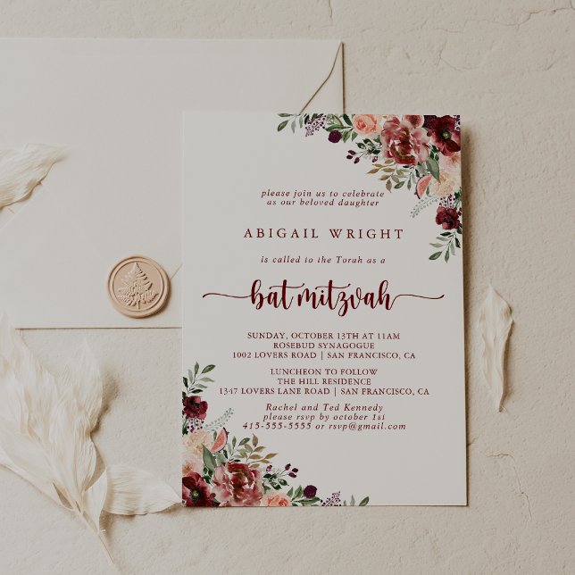 Rustic Summer Floral Calligraphy Bat Mitzvah Invitation (Creator Uploaded)
