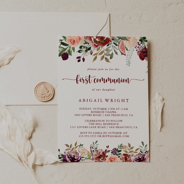 Rustic Summer Floral Calligraphy First Communion  Invitation (Creator Uploaded)