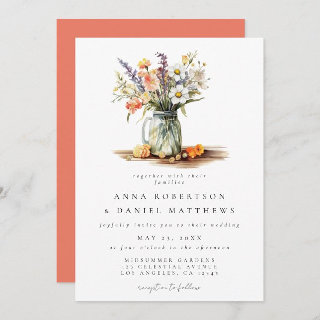 Rustic Summer Floral Mason Jar Wedding Invitation (Front/Back)