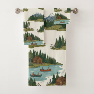 Rustic Summer Lake Life Cabin and Canoe Seamless  Bath Towel Set
