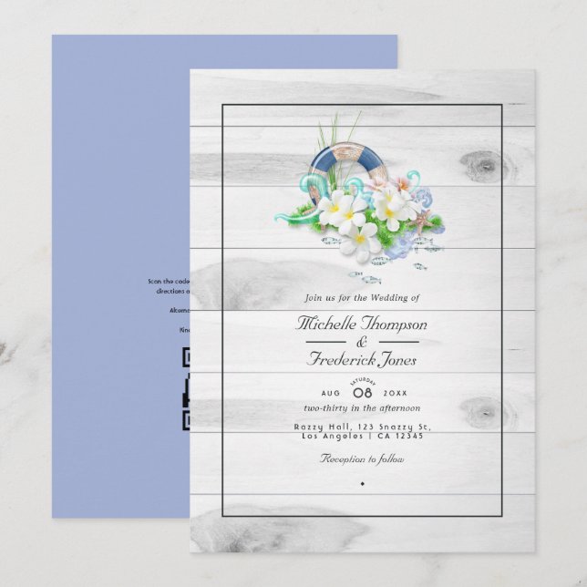 Rustic Summer QR Code RSVP Beach Wedding Invitation (Front/Back)