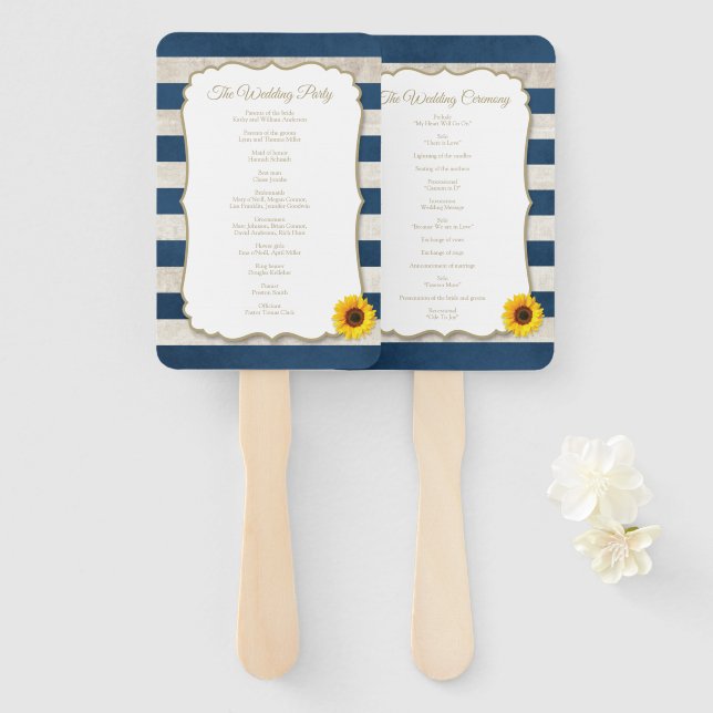 Rustic Summer Sunflower Navy Blue Stripes Wedding Hand Fan (Front and Back)