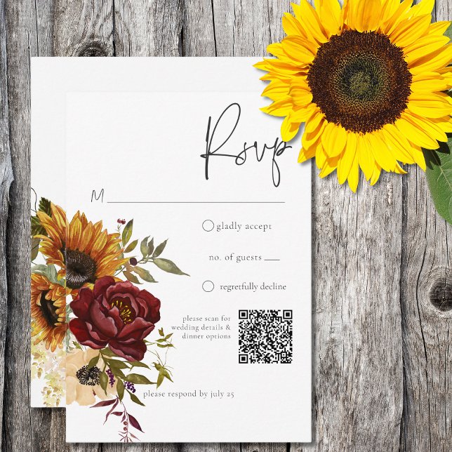Rustic Summer Sunflowers & Burgundy Floral RSVP Card (Creator Uploaded)
