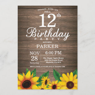 Rustic Sunflower 12th Birthday Invitation