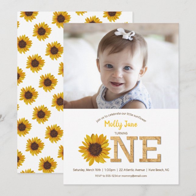 Rustic Sunflower 1st Birthday Girl Photo Invitation (Front/Back)