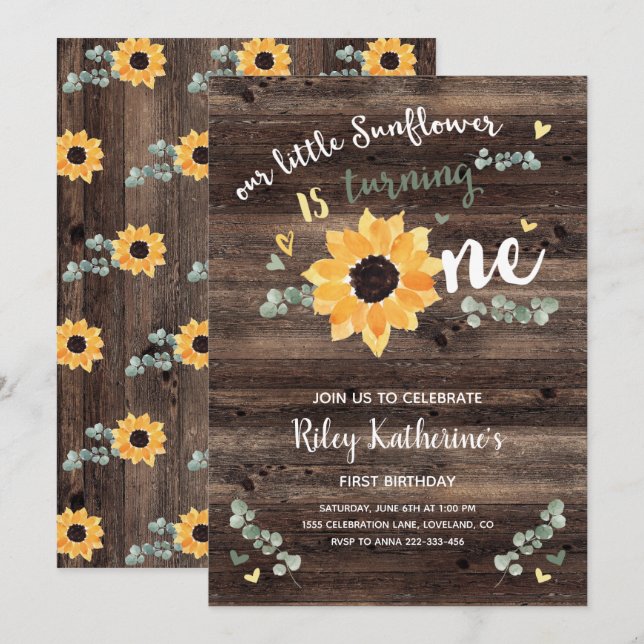 Rustic Sunflower 1st Birthday Invitation (Front/Back)