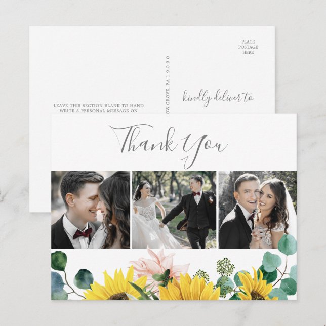 Rustic Sunflower 3 Photo Wedding Thank You Postcard (Front/Back)