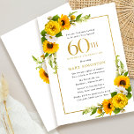 Rustic Sunflower 60th Birthday Party Invitation<br><div class="desc">Pretty yellow sunflower floral 60th birthday party invitation. Yellow peonies and white daisies mingle with the sunflowers. A rectangular gold frame gives it an elegant vibe. 60th Birthday Celebration and the celebrant's name are written in gold. Very easy to customize. That back is white with a sunflower bouquet. This is...</div>