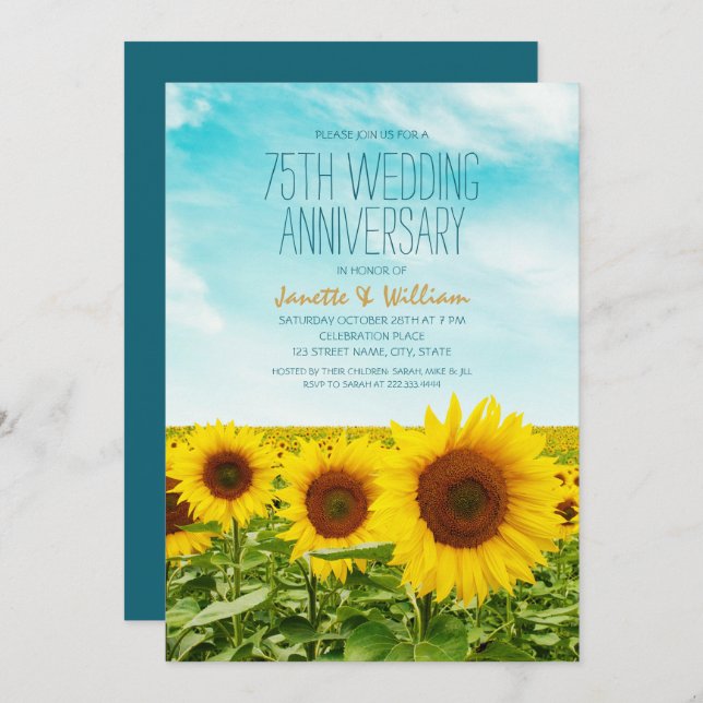 Rustic Sunflower 75th Wedding Anniversary Floral Invitation (Front/Back)